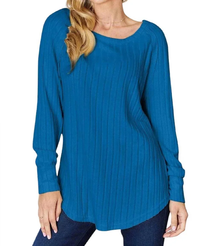 Trendy Threads Chic Ribbed Round Neck Slit Tee In Sky Blue