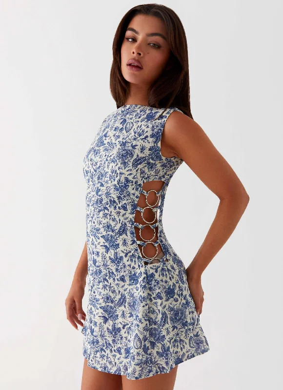 Fashion Forward Indigo Bloom Linen Mini Dress - Blue Paisley