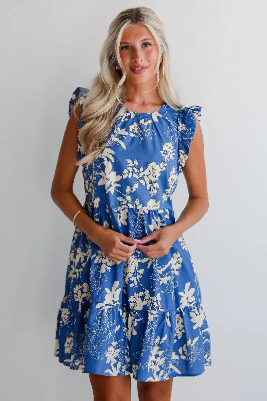 Fashion-Forward Flirtatious Poise Blue Floral Tiered Mini Dress