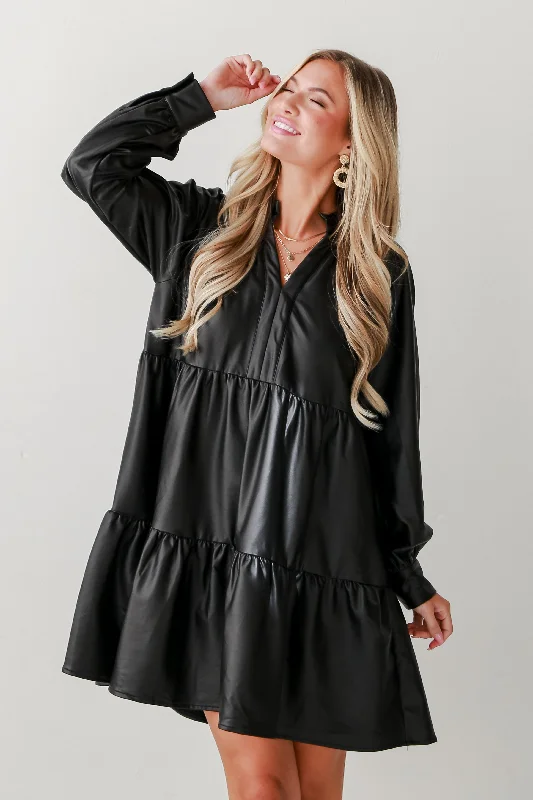 Fashion Forward Femininity FINAL SALE - Alluring Reputation Black Tiered Leather Mini Dress