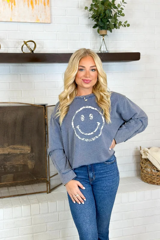 Trend Forward Women's Wear Denim Smiley Face Sweatshirt