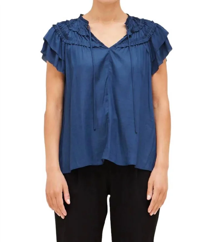 Summer Fashion Ruffle Short Sleeve Satin Top In Blue Jewel