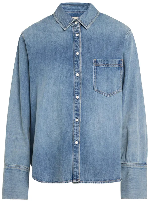 Trendy Women's Wear Collection Alice + Olivia Women's Finely Oversized Denim Shirt, Sadie Light Vintage Blue