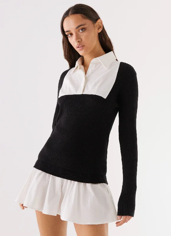 Luxe Women's Apparel Somerville Knitted Shirt Dress - Black/White