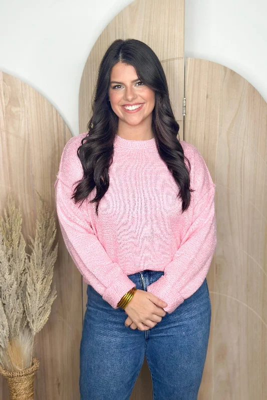 Romantic Flair Pink Round Neck Cuff Sleeve Sweater