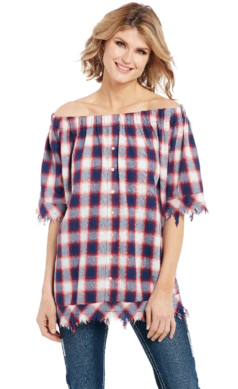 Cutting Edge Fashion Cowgirl Up Womens Red/Blue 100% Cotton Raw Edge Fringe Plaid Tunic S/S