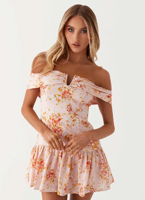 Fashionista Favorites Aries Off Shoulder Linen Mini Dress - Pink Floral