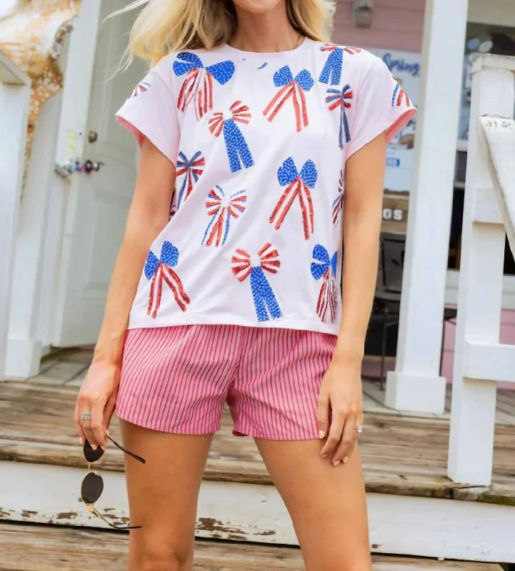 Crazy Price Slashing Red, White And Blue Scattered Bow Tee In Pink