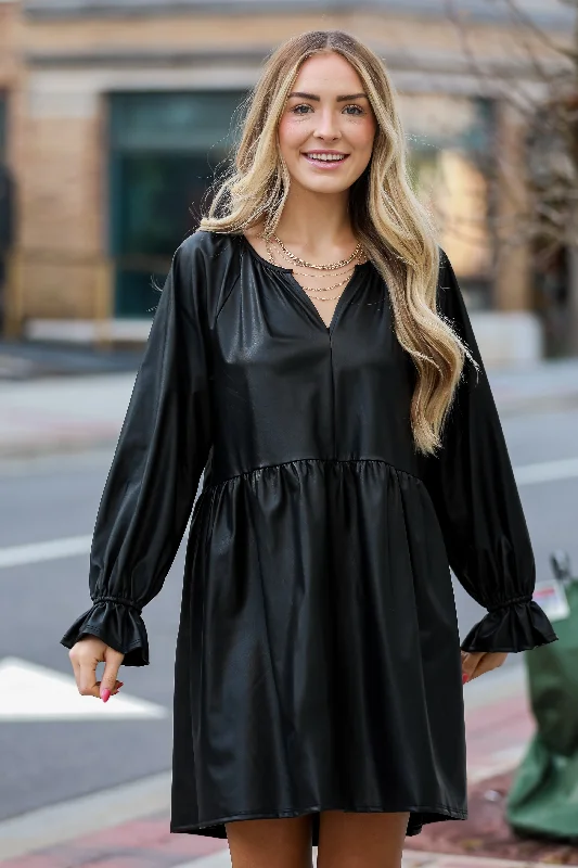 Effortless Chic Apparel FINAL SALE - Flawless Shine Black Leather Babydoll Mini Dress