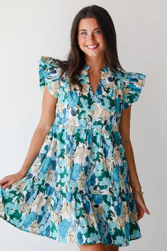 Charming Silhouette FINAL SALE - Flourishing Confidence Blue Floral Tiered Mini Dress