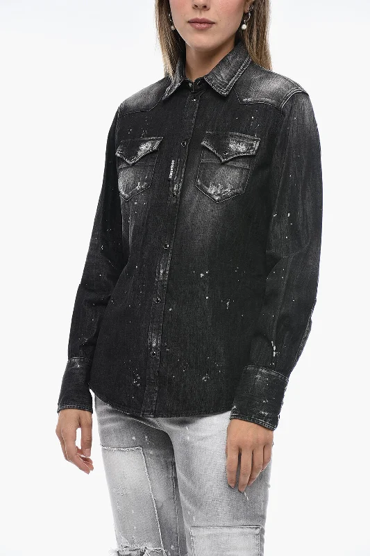 Trend Forward Threads For Her Dsquared2 Distressed Denim Shirt with Paint Splatter Motif