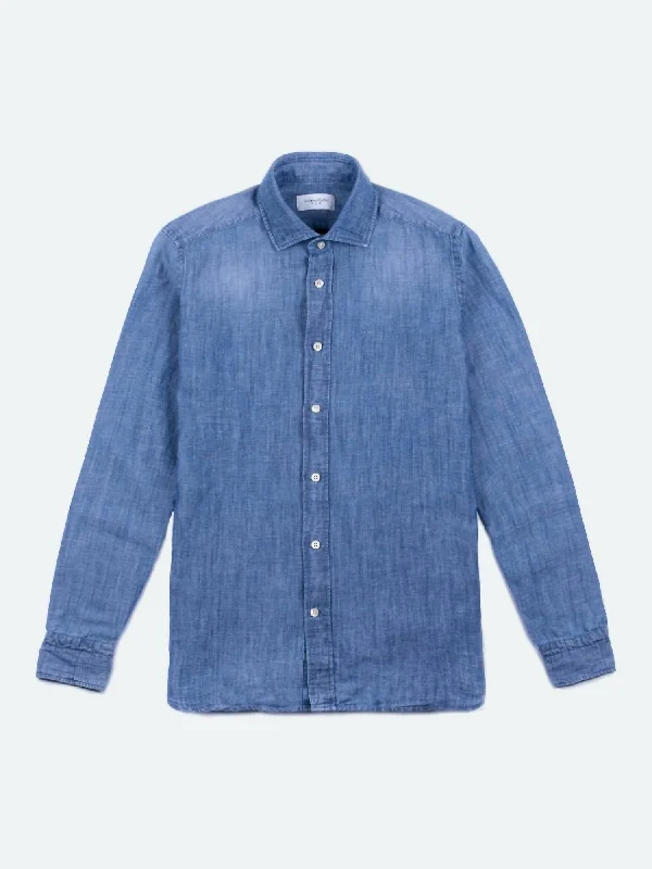 Unleash Your Trendy Side Linen Denim Shirt In Mid Blue