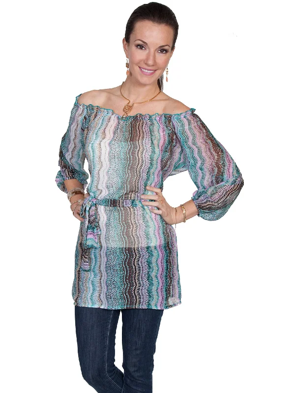 Fashion Forward Femininity Scully Womens Aqua Polyester Off Shoulder S/S Tunic