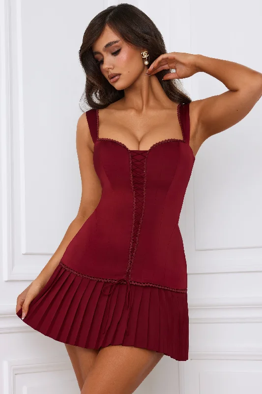 Unleash Your Trend Driven Style Bow-Detail Lace-Up Corset Mini Dress in Berry Red