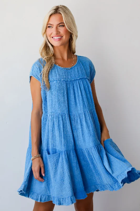 Graceful Movement FINAL SALE - Serene Date Blue Linen Tiered Mini Dress