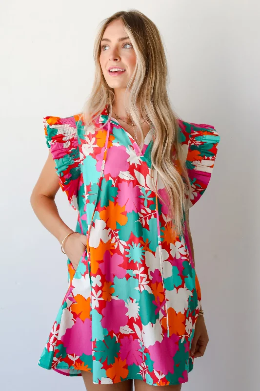 Clearance Event FINAL SALE - Flattering Disposition Pink Floral Ruffle Mini Dress