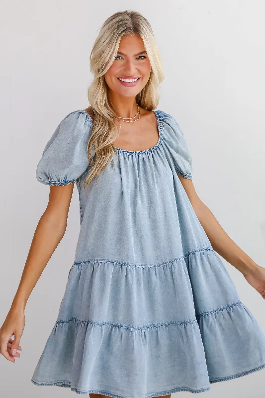 Chic Outfits Aesthetic Charm Light Denim Tiered Mini Dress