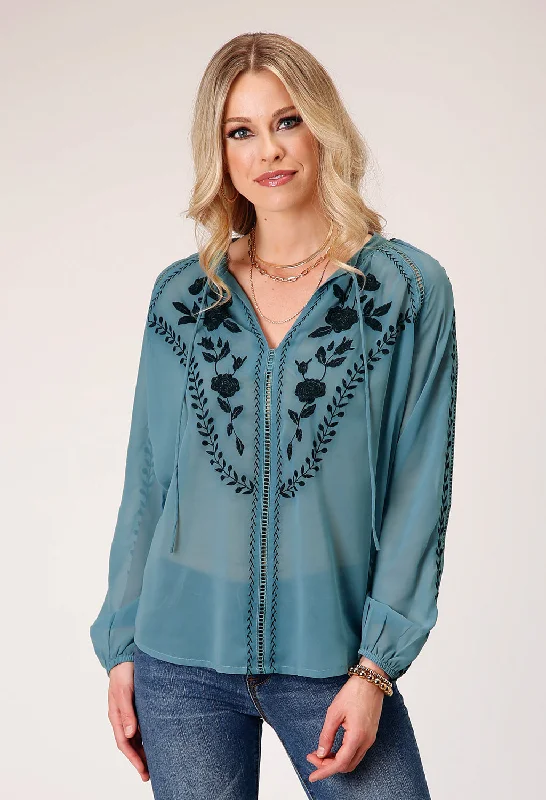 Holiday Glam Roper Womens Sheer Floral Blue 100% Polyester L/S Tunic