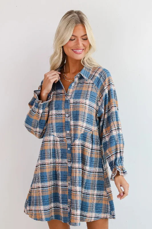 Day To Night Styles Superior Aesthetic Blue Plaid Flannel Mini Dress