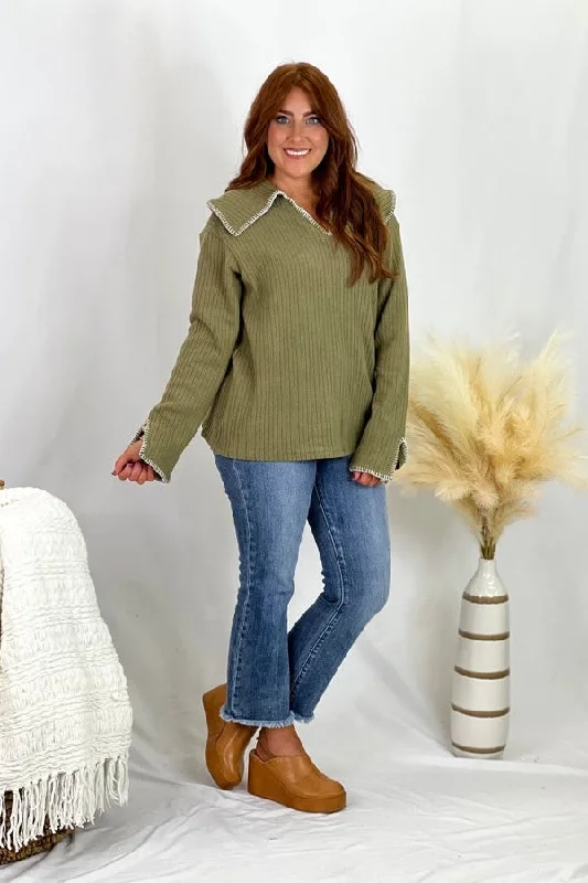 Get The Latest Trends Olive Brushed Rib Split Collared Top