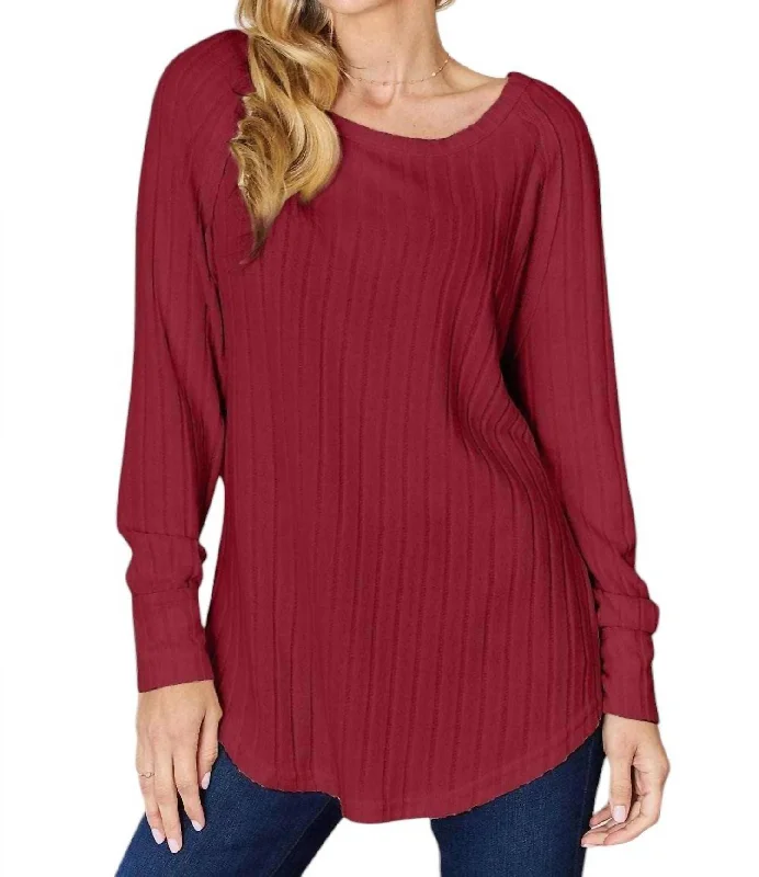 Chic Trend Collection Chic Ribbed Round Neck Slit Tee In Deep Red