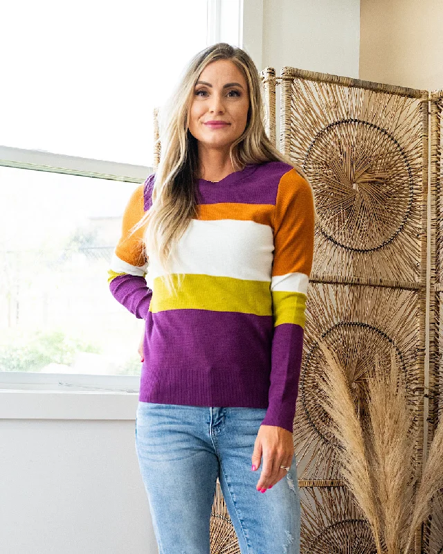 Discount Extravaganza Tatiana Waffle Knit Striped Sweater - Plum, Copper & Chartreuse