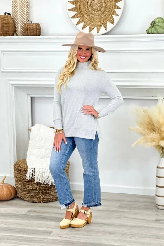 Hot Trends Heather Grey Mock Neck Split Hem Top