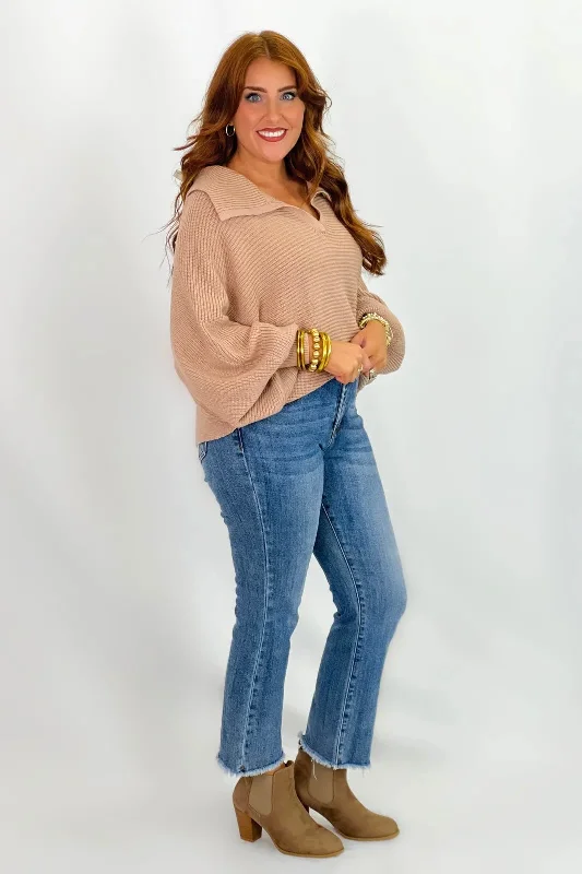 Your Timeless Wardrobe Awaits Taupe Collared Dolman Sleeve Ribbed Sweater