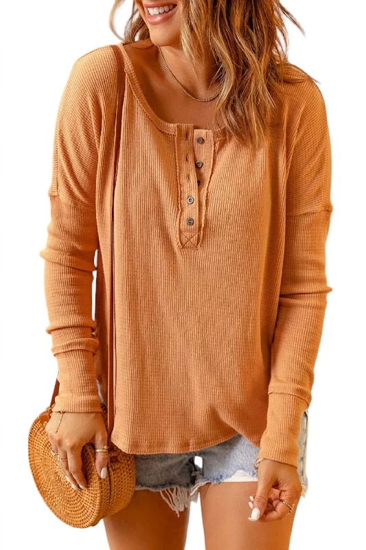 Style Breakthroughs Chic Drop Shoulder Half-Button Tee In Tangerine