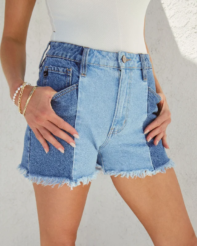 Trendy Threads Jessica Two Tone High Waisted Frayed Hem Jean Shorts