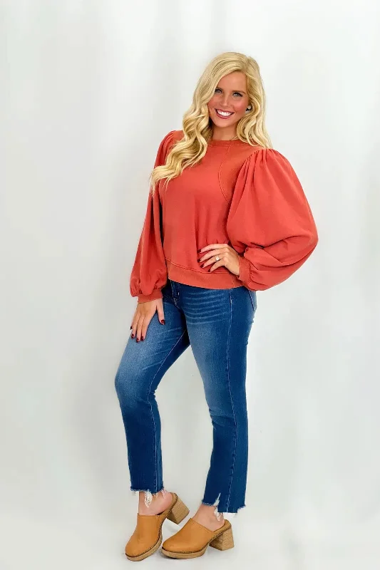 Fashion Forward Femme Brick Washed Puff Sleeve Long Sleeve Top