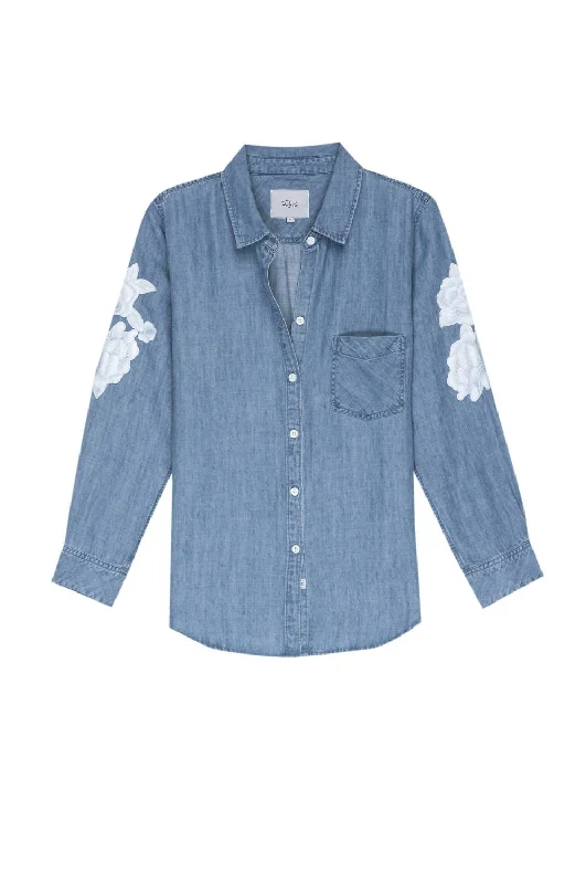 Chic & Cozy Collection Ingrid Denim Shirt With White Floral Patches In Medium Vintage