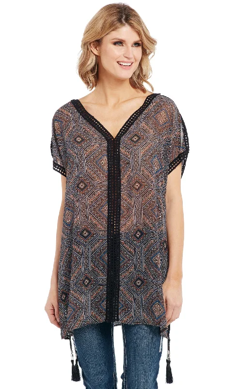 Effortless Style, Endless Impact Cowgirl Up Womens Brown Multi Polyester Kaftan Beaded Tunic S/S