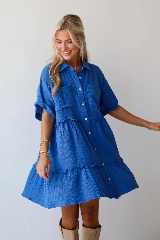 Casual Elegance FINAL SALE - Charming Dynamic Royal Blue Linen Tiered Mini Dress