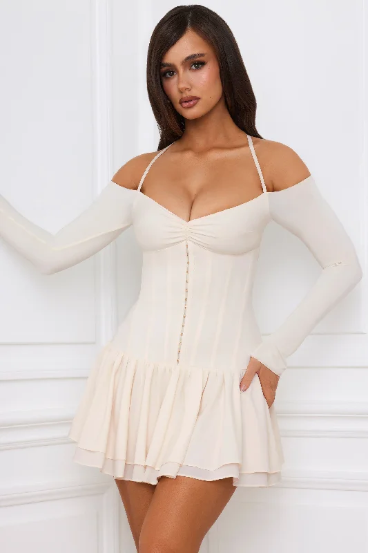 Wardrobe Essentials Off-Shoulder Tiered Corset Mini Dress in Ivory