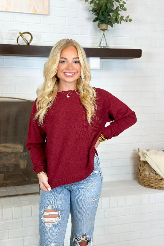 Flash Sale, Don't Miss Merlot Solid Long Sleeve Sweater Top