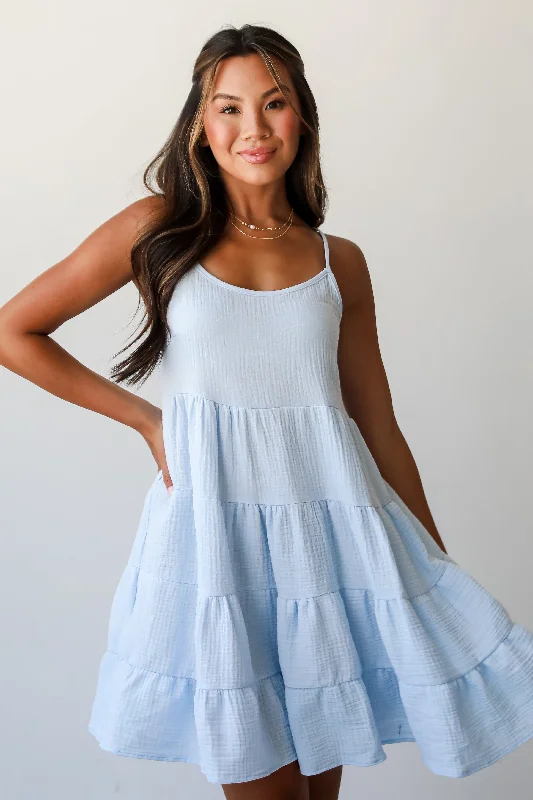 Seasonal Sale FINAL SALE - Sweetest Impact Light Blue Linen Tiered Mini Dress