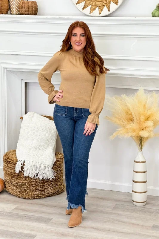 Trend Leading Collection Beige Taupe Ruffle Neck Long Sleeve Sweater