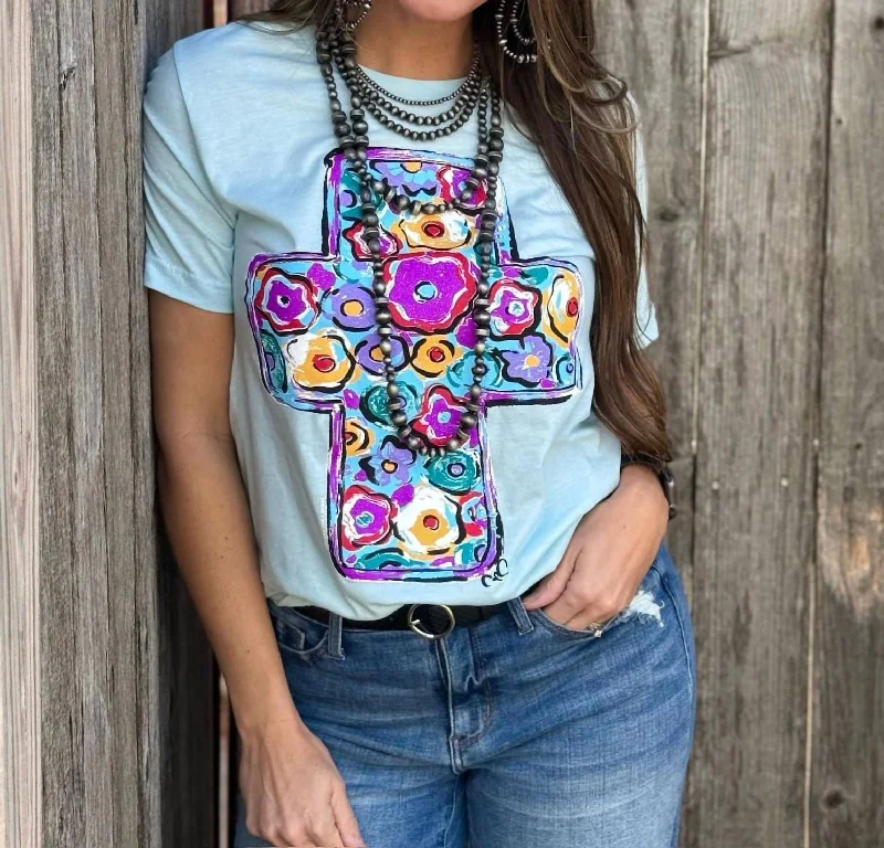 Daily Deals Floral Cross Tee - Ice Blue