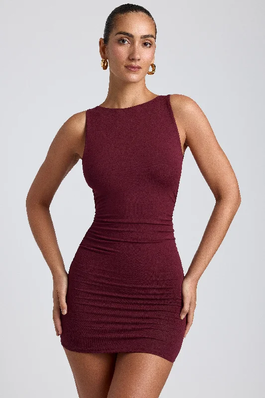 Latest Fashion Modal High-Neck Open-Back Mini Dress in Plum