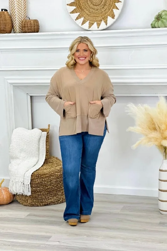 Buy More, Save More Taupe Brushed Pocket V-Neck Top