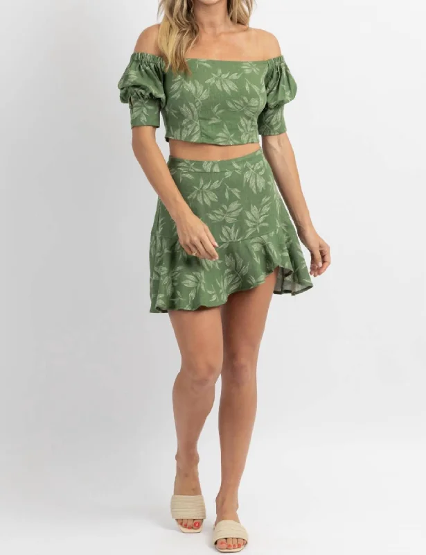 Dreamy Aesthetic Botanical Ruffled Hem Skirt Set In Green