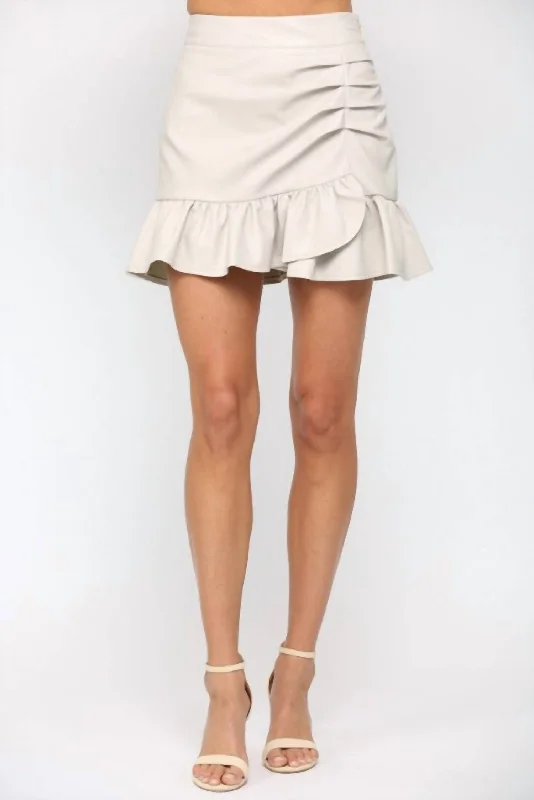 Spring Fashion Faux Leather Ruched Mini Skirt In Ecru