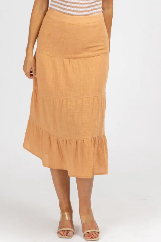 Elegant Attire Gauze Tiered Midi Skirt In Orange