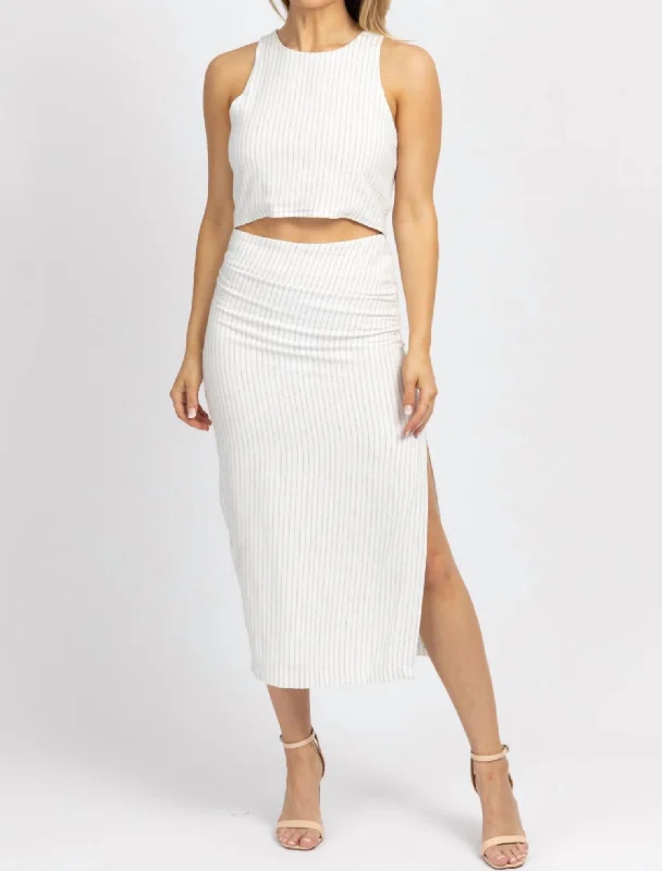 Trendy Fashion for Women Linen Pinstripe Midi Skirt Set In White