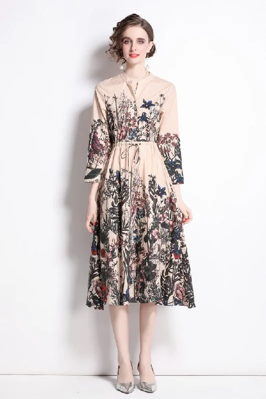 Summer Fashion Apricot & Floral print Day A-line V-neck Bishop Long Sleeve Maxi Dress