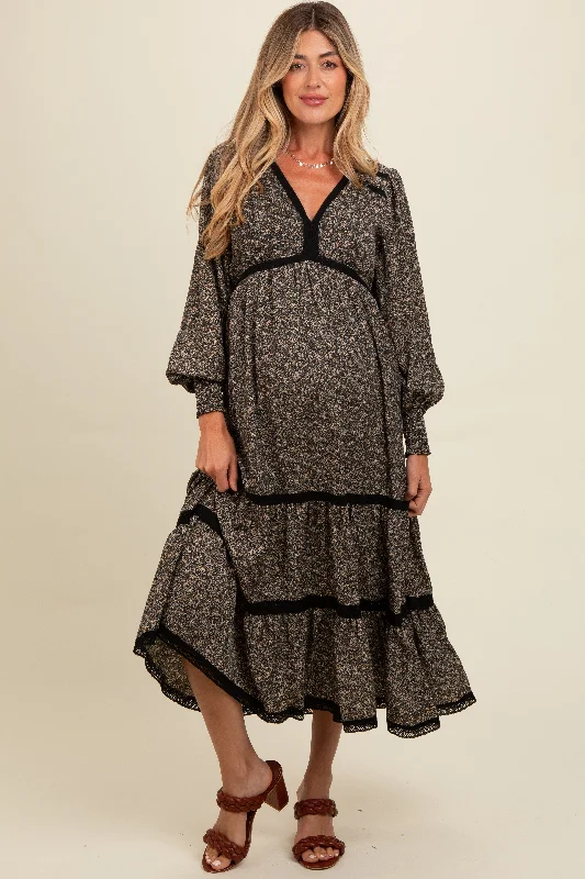 The Latest Fashion Trends Black Floral Lace Trim Bubble Sleeve Maternity Maxi Dress