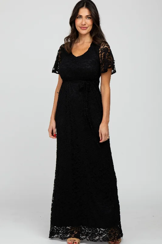 Seasonal Trends Black Lace Front Tie Maxi Dress