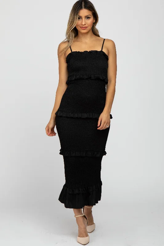 Sustainable Fashion Extravaganza Black Satin Smocked Fitted Midi Dress