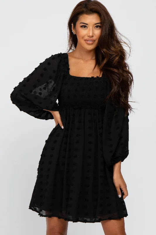 Eclectic Style Wardrobe Black Textured Dot Smocked Square Neck Chiffon Dress